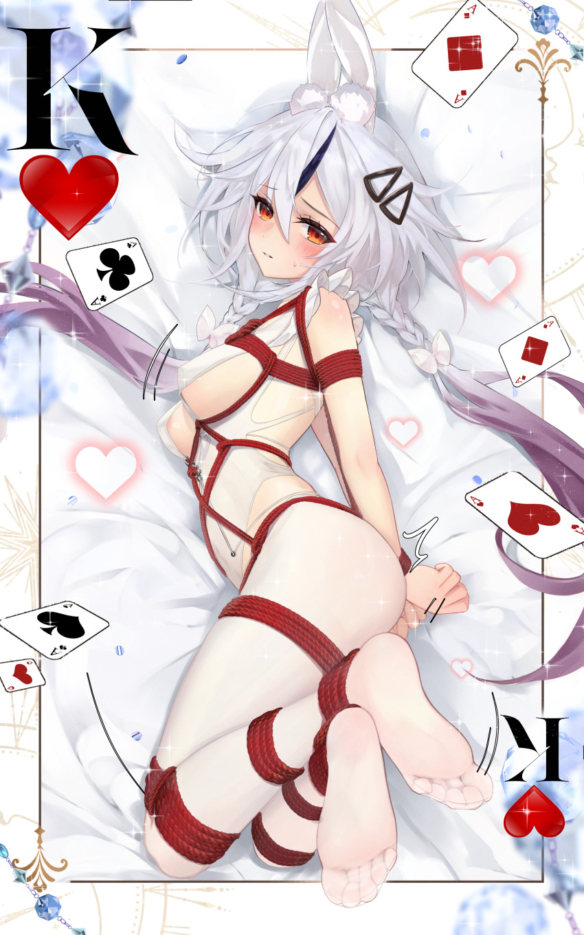 1girl absurdres animal_ears bdsm blush bondage bound breasts commentary_request commission cosplay_request fake_animal_ears feet full_body gradient_hair hair_ornament hairclip heart highres king_(playing_card) king_of_hearts_(playing_card) long_hair medium_breasts meisansan multicolored_hair neptune_(series) no_shoes pantyhose playboy_bunny purple_hair rabbit_ears red_eyes restrained second-party_source shibari shin_jigen_game_neptune_vii sideboob soles solo tennouboshi_uzume toes twintails variant_set very_long_hair white_hair white_pantyhose