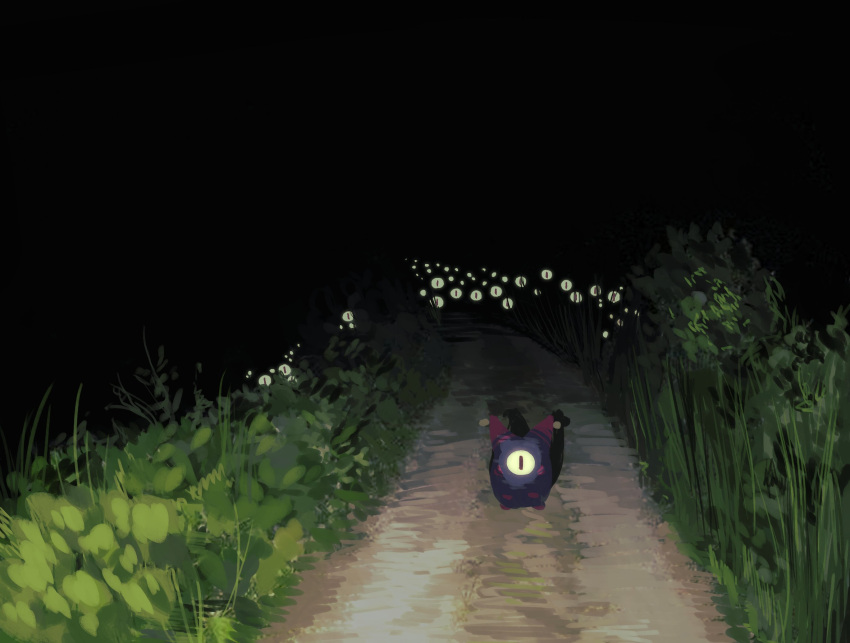 black_sky creature dark dirt_road english_commentary glowing glowing_eyes grass highres holostars holostars_english horror_(theme) looking_at_viewer night no_humans nonsensemanna one-eyed phantom_(gavis_bettel) road sky slit_pupils virtual_youtuber