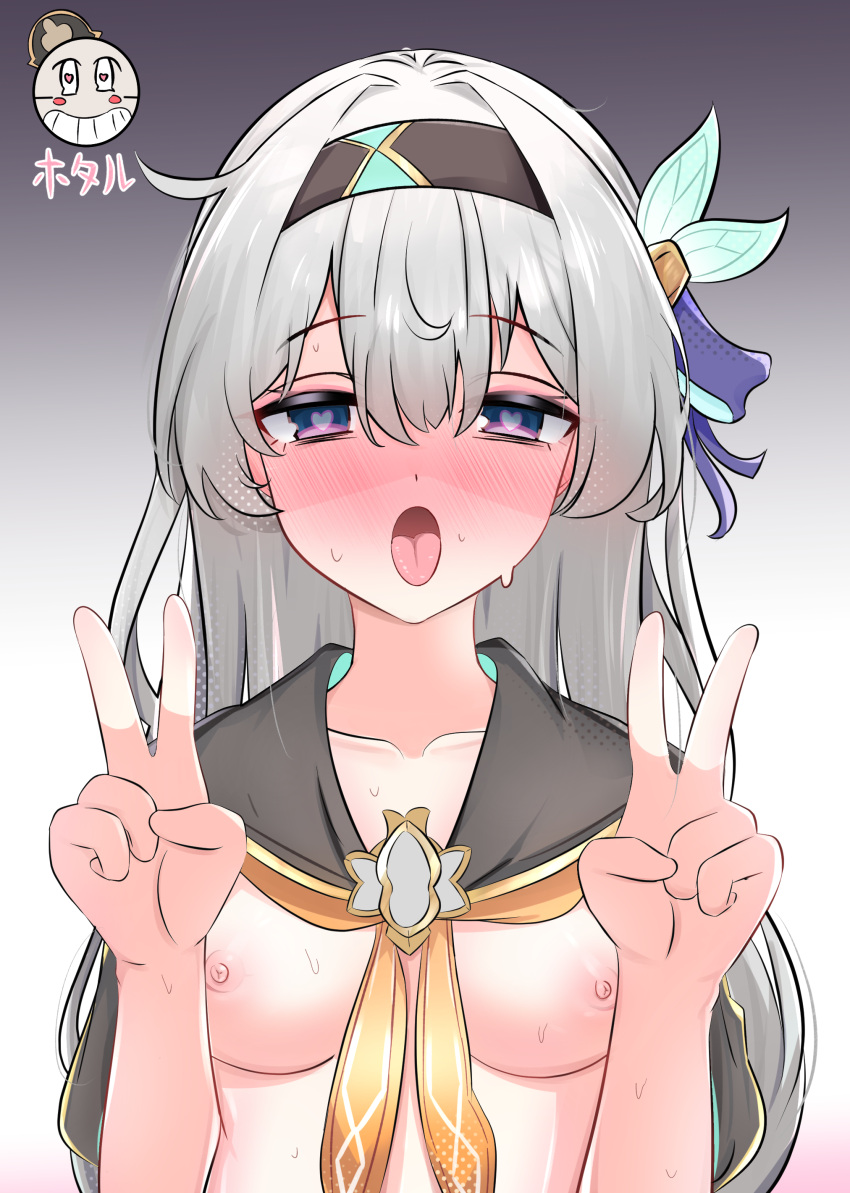 1girl :o absurdres black_cape black_hairband blue_bow blue_eyes blue_ribbon blush bow breasts cape collarbone dot_nose double_v firefly_(honkai:_star_rail) gradient_background grey_background grey_hair hair_between_eyes hair_bow hair_intakes hair_ribbon hairband half-closed_eyes heart heart-shaped_pupils highres honkai:_star_rail honkai_(series) hypnosis long_hair looking_at_viewer mcr_roggle mind_control neckerchief no_shirt open_mouth orange_neckerchief pink_eyes pink_pupils ribbon sidelocks simple_background small_breasts smile solo straight-on sweat symbol-shaped_pupils tongue tongue_out two-tone_eyes upper_body v