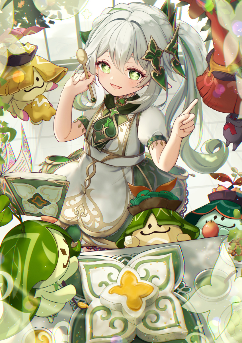 1girl :d absurdres alternate_costume apron aranara_(genshin_impact) asahi_(vjss4548) book bowl child commentary_request cross-shaped_pupils dress fingernails food fruit genshin_impact gradient_hair green_dress green_eyes green_hair grey_hair hair_between_eyes hair_ornament hands_up highres holding holding_spoon index_finger_raised lace-trimmed_apron lace-trimmed_skirt lace_trim leaf_hair_ornament looking_at_viewer multicolored_hair nahida_(genshin_impact) open_book open_mouth pointy_ears short_sleeves side_ponytail sidelocks skirt smile solo spoon standing streaked_hair sunlight symbol-shaped_pupils tile_floor tiles white_apron