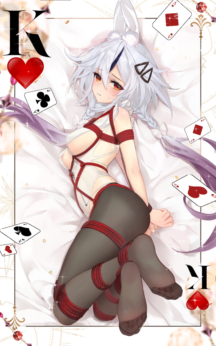 1girl absurdres animal_ears bdsm black_pantyhose blush bondage bound breasts commentary_request commission cosplay_request fake_animal_ears feet full_body gradient_hair hair_ornament hairclip highres king_(playing_card) king_of_hearts_(playing_card) long_hair medium_breasts meisansan multicolored_hair neptune_(series) no_shoes pantyhose playboy_bunny purple_hair rabbit_ears restrained second-party_source shibari shin_jigen_game_neptune_vii sideboob soles solo tennouboshi_uzume toes twintails variant_set very_long_hair white_hair