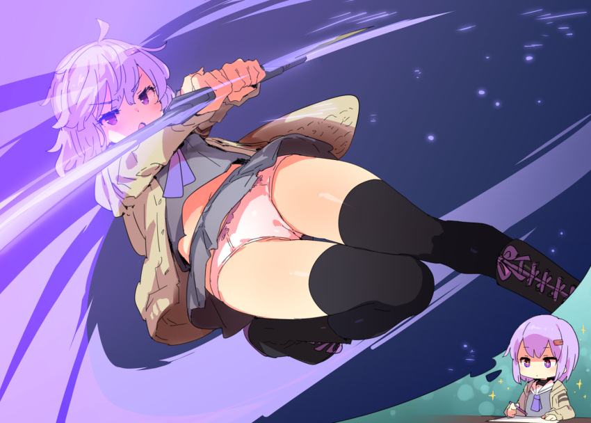 1girl black_thighhighs blush boots cardigan hair_ornament hairclip holding holding_sword holding_weapon multiple_views open_mouth panties petenshi_(dr._vermilion) pleated_skirt purple_eyes purple_hair school_uniform serafuku skirt sword thighhighs underwear voiceroid weapon yuzuki_yukari