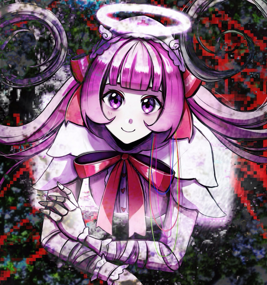 1girl ai-chan_(love_angel_syndrome) bandaged_arm bandages bandaid bandaid_on_face bandaid_on_forehead blunt_bangs distortion double-parted_bangs hair_ribbon halo hat highres joints looking_at_another love_angel_syndrome neck_ribbon nurse_cap official_art pink_eyes pink_hair ribbon robot_joints smile solo sparkling_eyes twintails upper_body winged_sleeves wrist_cuffs