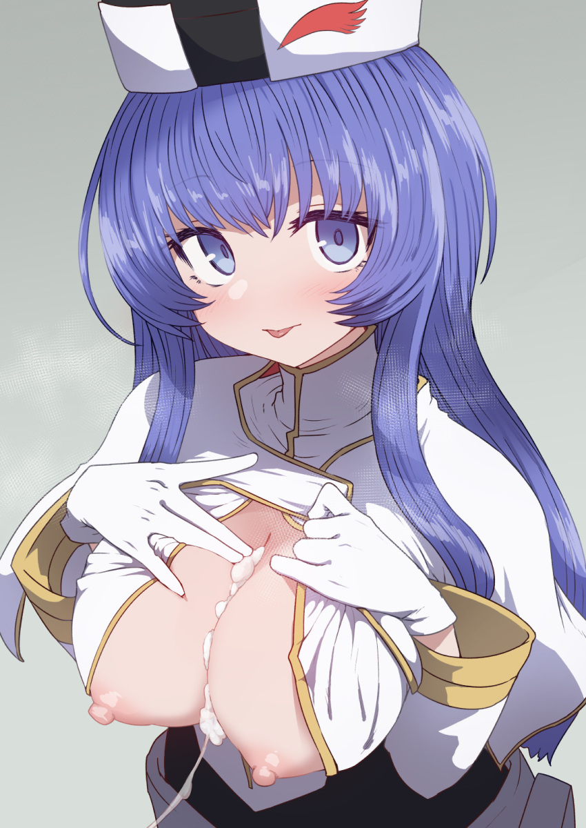 1girl blue_eyes blue_hair blush breasts cleavage cum cum_on_body cum_on_breasts cum_on_upper_body gloves hat highres kidou_senkan_nadesico large_breasts long_hair long_sleeves misumaru_yurika nipples paizuri solo sumiyao_(amam) tongue tongue_out