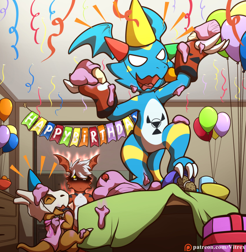 ambiguous_gender anthro cake claws clothing cubone digimon digimon_(species) digital_media_(artwork) fak&eacute;mon fan_character feral food group guilmon hair hi_res hybrid markings nintendo pok&eacute;mon pok&eacute;mon_(species) sven_the_giramon toe_claws upset veemon video_games vitrex