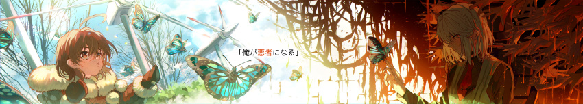 1boy 1girl absurdres accelerator blood brown_eyes brown_hair bug butterfly choker coat commentary formal fur_trim gloves hands highres insect kagura_kurosaki last_order long_image necktie red_eyes spoilers to_aru_majutsu_no_index to_aru_majutsu_no_index:_genesis_testament white_hair wide_image winter_clothes winter_coat