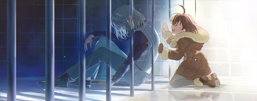 1boy 1girl accelerator ahoge brown_hair closed_eyes coat commentary crying formal fur_trim gloves highres kagura_kurosaki last_order medium_hair open_mouth pantyhose prison spoilers tears to_aru_majutsu_no_index to_aru_majutsu_no_index:_genesis_testament white_hair winter_clothes winter_coat