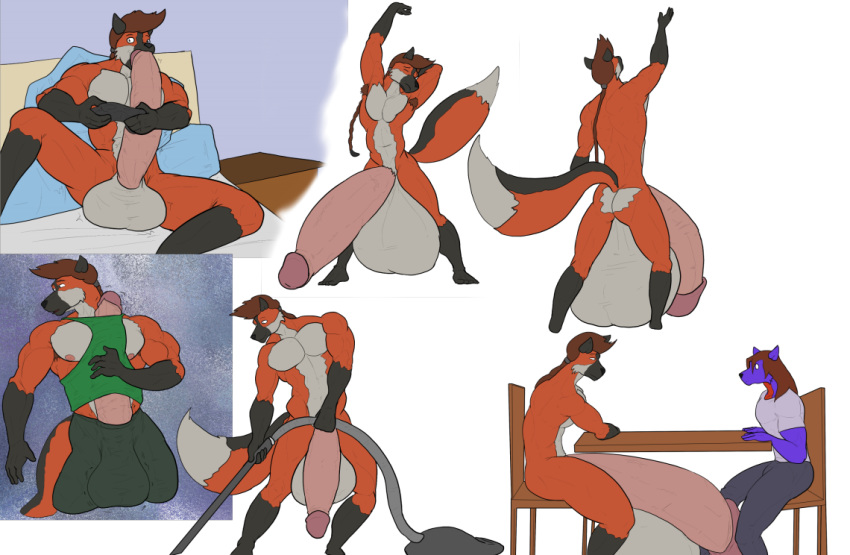 anthro armpit_hair autofellatio balls big_balls big_penis body_hair bottomwear canid canine chair clothing controller cross_fox duo erection erection_under_shirt flaccid fox furniture game_controller genitals greggrth huge_balls huge_penis humanoid_genitalia humanoid_penis hyper hyper_balls hyper_genitalia hyper_penis male mammal masturbation nude oral oral_masturbation penile penile_masturbation penis red_fox shirt shorts sitting solo standing table tank_top topwear