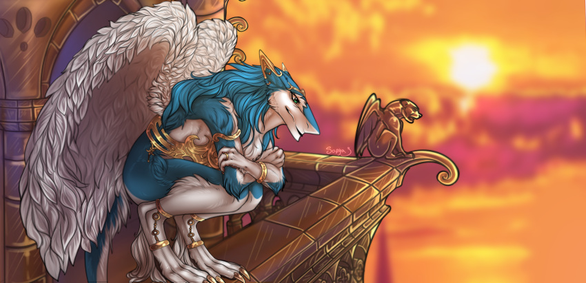 angel anthro blue_body blue_fur bottomless clothed clothing feathered_wings feathers female fur gargoyle gold_(metal) gold_jewelry green_eyes hi_res jewelry kate_(morpheuskibbe) looking_aside perched sergal sofya_(artist) solo wings