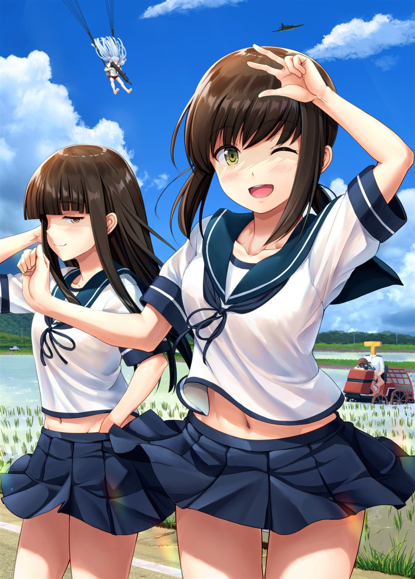 1boy 3girls 4girls ;d admiral_(kantai_collection) aircraft airplane bangs black_hair blue_neckwear blue_sailor_collar blue_skirt blue_sky blunt_bangs blush brown_eyes cloud collarbone commentary_request cowboy_shot day eyebrows_visible_through_hair fubuki_(kantai_collection) green_eyes groin gun gym_uniform hand_under_clothes hand_under_skirt hatsuyuki_(kantai_collection) highres holding holding_gun holding_weapon ichikawa_feesu implied_sex kantai_collection long_hair looking_ahead looking_at_viewer looking_to_the_side low_ponytail machine_gun midriff midriff_peek molestation multiple_girls murakumo_(kantai_collection) navel neckerchief one_eye_closed open_mouth outdoors parachute paratrooper plant pleated_skirt ponytail ribbon rice_paddy rice_planting rice_transplanter rifle sailor_collar school_uniform serafuku shading_eyes shirayuki_(kantai_collection) shirt short_ponytail short_sleeves sidelocks skirt skirt_lift sky sly smile t-head_admiral textless translation_request weapon white_shirt wind wind_lift
