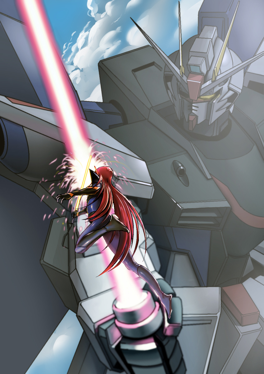 1girl alien beam_saber bodysuit crossover freedom_gundam gundam gundam_seed highres holding holding_weapon iczer-2 iczer_(series) kashiki1991 long_hair looking_down mecha no_humans red_hair skin_tight super_robot_wars super_robot_wars_l tatakae!!_iczer-1 weapon yellow_eyes