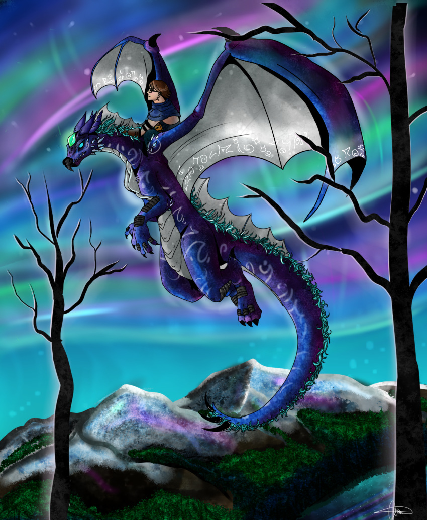 alextheangel angel aurora_borealis bunbun dragon duo female feral flying hi_res human male mammal night nisi_diamondfire scalie western_dragon wings