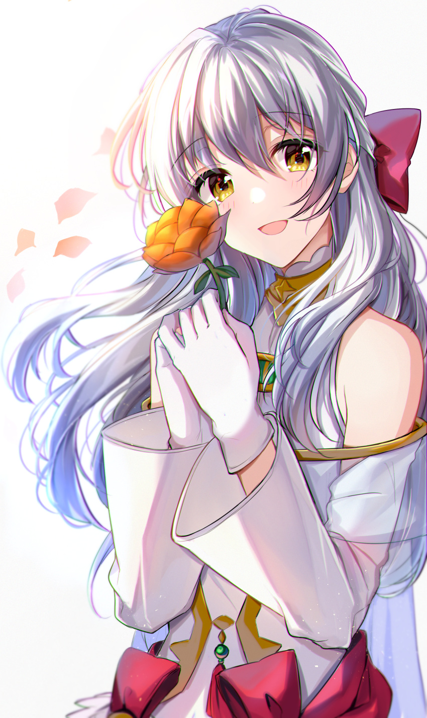 1girl :d absurdres bangs bare_shoulders blush bow brown_eyes commentary_request detached_sleeves dress eyebrows_visible_through_hair fire_emblem fire_emblem:_radiant_dawn fire_emblem_heroes flower gloves hair_between_eyes hair_bow hands_up highres holding holding_flower huge_filesize long_hair long_sleeves micaiah_(fire_emblem) open_mouth orange_flower petals red_bow satoimo_chika silver_hair simple_background smile solo upper_body very_long_hair white_background white_dress white_gloves white_sleeves wide_sleeves
