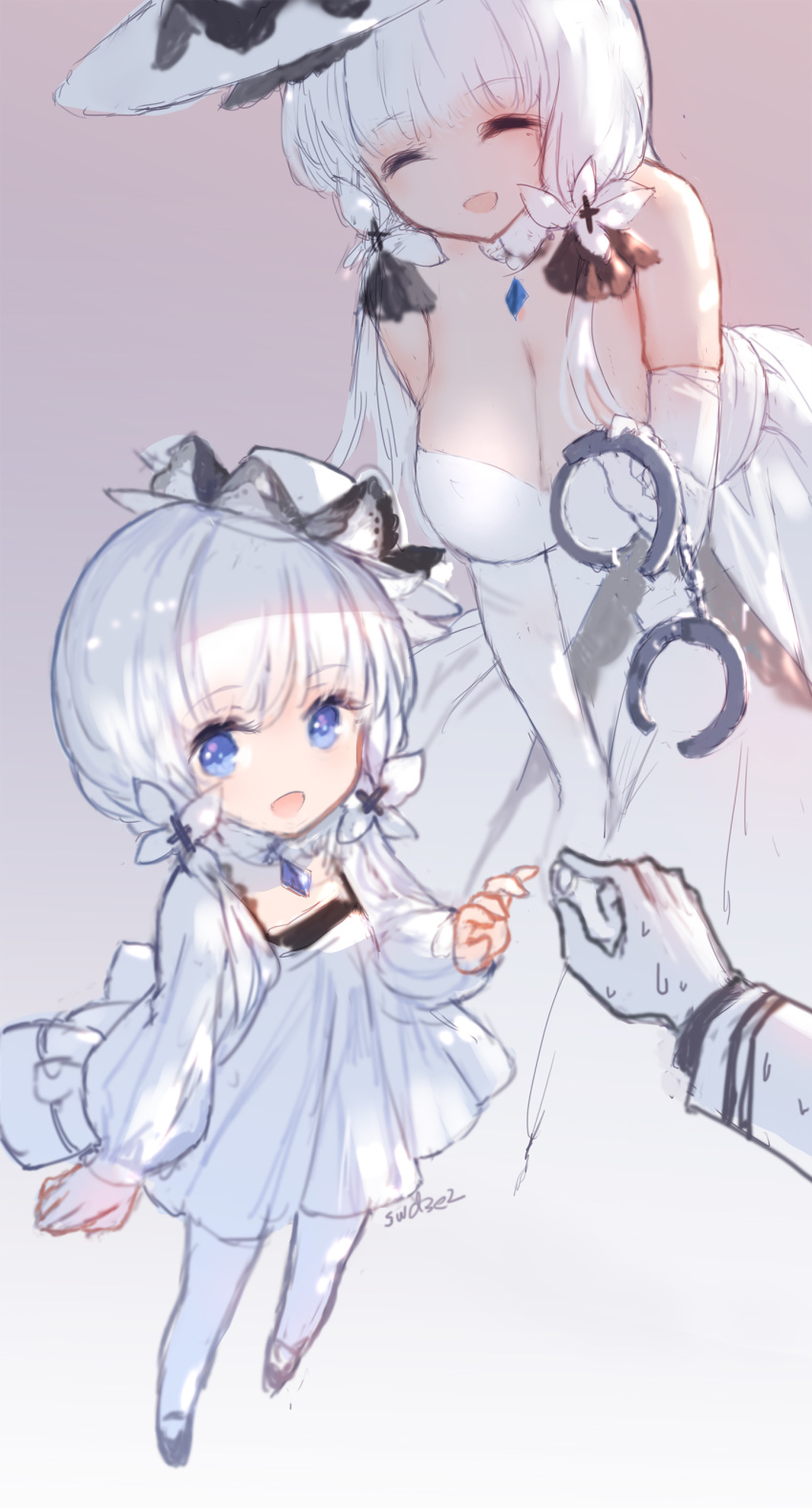 1boy 1girl 2girls absurdres age_difference arm_up artist_name azur_lane bare_shoulders blue_eyes bow breasts child child_marriage choker cleavage clenched_hand closed_eyes commander_(azur_lane) commentary cuffs dress elbow_gloves flower gloves hair_flower hair_ornament handcuffs hands hat highres holding holding_handcuffs holding_ring illustrious_(azur_lane) jewelry large_breasts leaning_forward little_illustrious_(azur_lane) long_hair low_twintails multiple_girls open_eyes open_mouth pantyhose pendant pink_background ring silver_hair simple_background smile strapless strapless_dress swd3e2 sweatdrop twintails wedding_band white_dress white_gloves white_hair white_headwear white_legwear younger