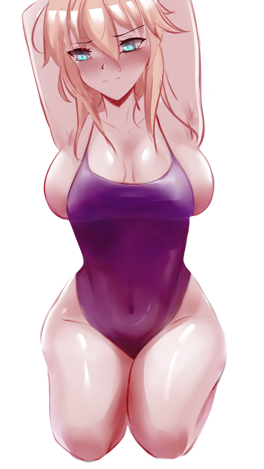 1girl absurdres arms_behind_head artoria_pendragon_(all) artoria_pendragon_(lancer) biriyb blonde_hair blue_eyes blush breasts competition_swimsuit embarrassed fate/grand_order fate_(series) frown highres large_breasts one-piece_swimsuit sidelocks swimsuit thighs