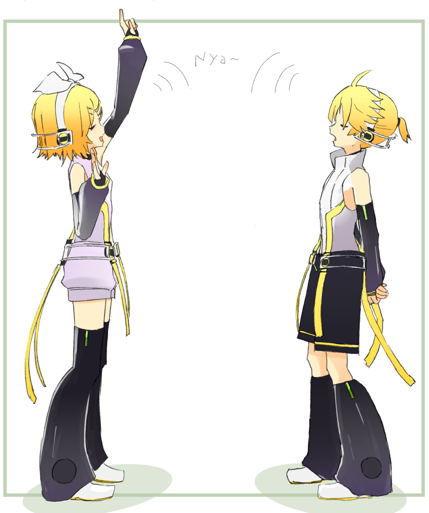 1boy 1girl ahoge arm_up arms_behind_back bangs bare_shoulders belt black_legwear black_shorts black_sleeves blonde_hair bow closed_eyes commentary d_futagosaikyou detached_sleeves facing_another from_side full_body grey_shirt hair_bow hair_ornament hairclip headphones highres index_finger_raised kagamine_len kagamine_len_(append) kagamine_rin kagamine_rin_(append) leg_warmers music open_mouth shadow shirt short_hair short_ponytail shorts singing sleeveless sleeveless_shirt spiked_hair swept_bangs vocaloid vocaloid_append white_background white_bow white_footwear