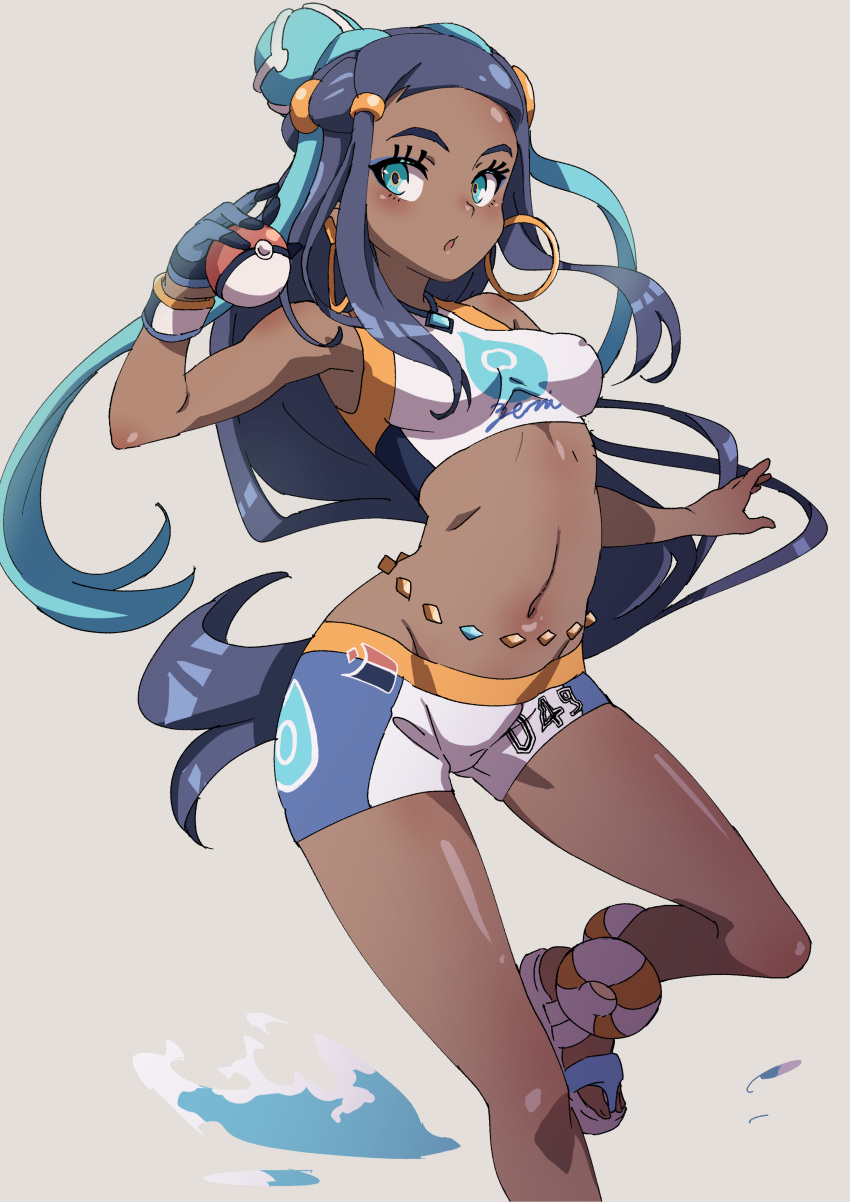 1girl :o absurdres aqua_eyes aqua_hair bare_shoulders belly_chain black_hair blue_eyeshadow blush breasts commentary_request dark_skin earrings eyelashes eyeliner eyeshadow gloves gold_earrings grey_background gym_leader hair_bun highres holding holding_poke_ball hoop_earrings jewelry long_hair looking_to_the_side makeup masuo_(masdlivelove) multicolored_hair navel necklace poke_ball poke_ball_(generic) pokemon pokemon_(game) pokemon_swsh rurina_(pokemon) sandals shiny shiny_hair single_glove solo swimsuit tankini two-tone_hair wristband