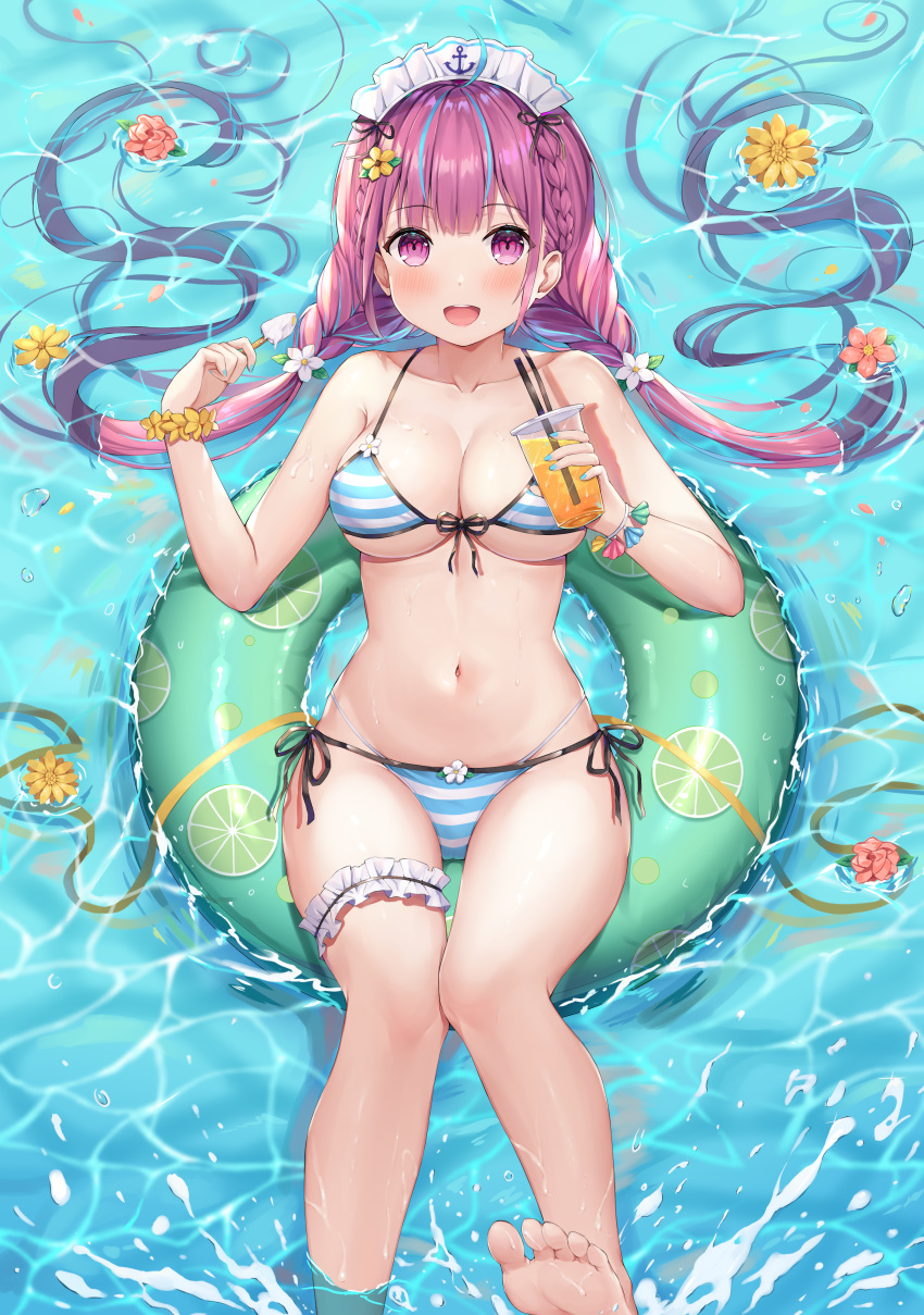 1girl absurdres bangs barefoot bikini blush breasts cleavage commentary_request cup drink drinking_straw eyebrows_visible_through_hair flower food groin hair_ornament highres hokori_sakuni holding holding_cup hololive innertube large_breasts leg_garter long_hair looking_at_viewer lying medium_breasts minato_aqua navel on_back open_mouth popsicle purple_eyes purple_hair side-tie_bikini smile solo string_bikini striped striped_bikini swimsuit twintails virtual_youtuber water wet