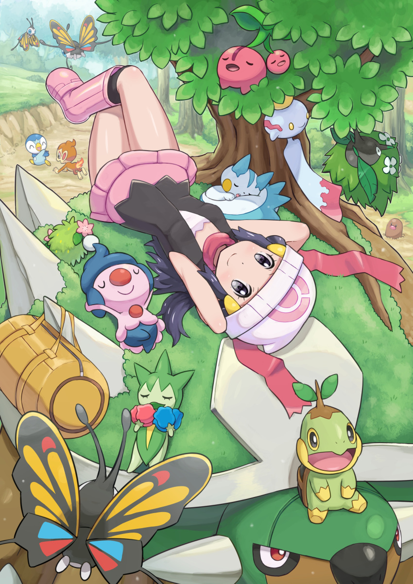 1girl absurdres arms_behind_head bag beanie beautifly blue_hair cherubi chimchar chimecho crossed_legs diglett gen_1_pokemon gen_3_pokemon gen_4_pokemon hat highres hikari_(pokemon) looking_at_viewer lying mime_jr. mythical_pokemon on_back pachirisu pink_footwear piplup pokemoa pokemon pokemon_(anime) pokemon_(creature) pokemon_(game) pokemon_dppt pokemon_dppt_(anime) pokemon_masters roselia scarf shaymin starter_pokemon torterra turtwig wormadam wormadam_(plant)