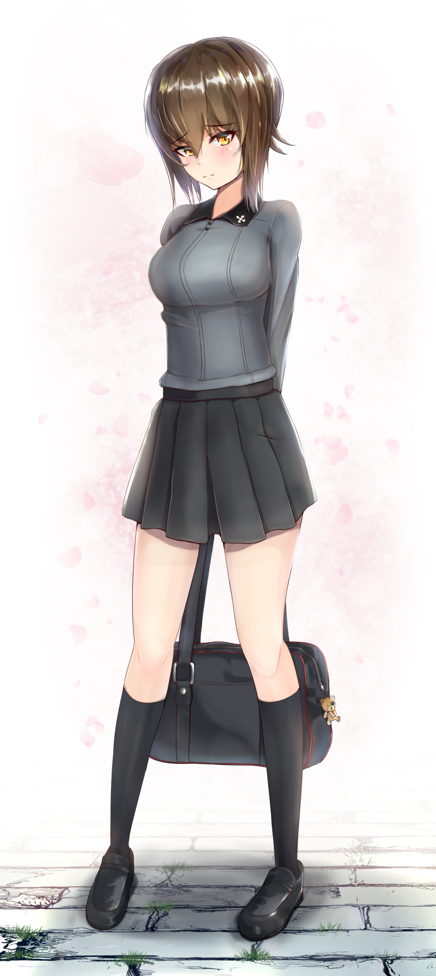 1girl absurdres arms_behind_back bag bangs black_footwear black_legwear black_skirt blush boko_(girls_und_panzer) brown_eyes brown_hair cherry_blossoms closed_mouth commentary depayama_(depaty) dress_shirt eyebrows_visible_through_hair full_body girls_und_panzer grey_shirt half-closed_eyes highres holding holding_bag insignia kneehighs kuromorimine_school_uniform light_frown loafers long_sleeves looking_at_viewer miniskirt nishizumi_maho object_behind_back petals pleated_skirt school_bag school_uniform shirt shoes short_hair skirt solo standing stone_floor stuffed_animal stuffed_toy teddy_bear