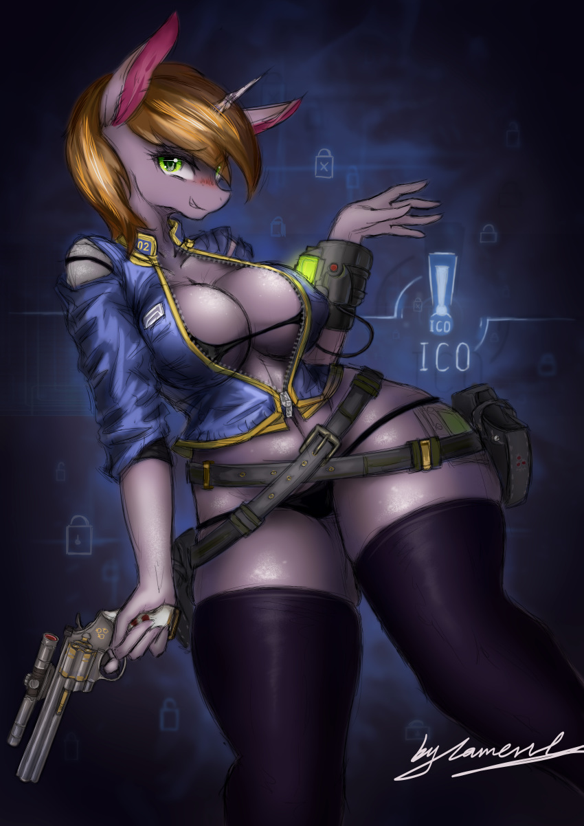 absurd_res anthro big_breasts blush bra breasts cleavage clothed clothing equid fallout_equestria fan_character female gun hi_res horn jacket lament legwear littlepip mammal my_little_pony ranged_weapon signature solo thigh_highs topwear underwear unicorn weapon wide_hips