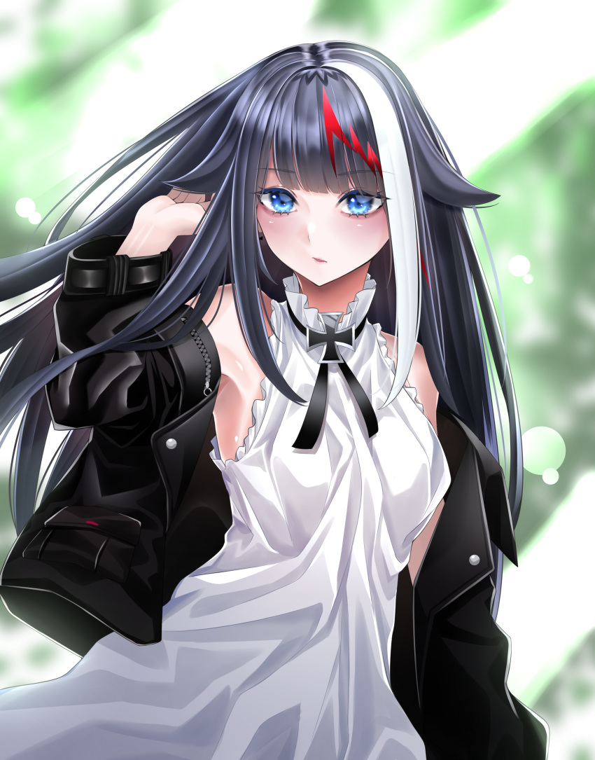 1girl absurdres arm_up azur_lane black_choker black_hair black_jacket blue_eyes blurry blurry_background blush breasts choker deutschland_(azur_lane) dress eyebrows_visible_through_hair highres iron_cross jacket long_hair looking_at_viewer medium_breasts multicolored_hair red_hair smile solo streaked_hair surota very_long_hair white_dress white_hair