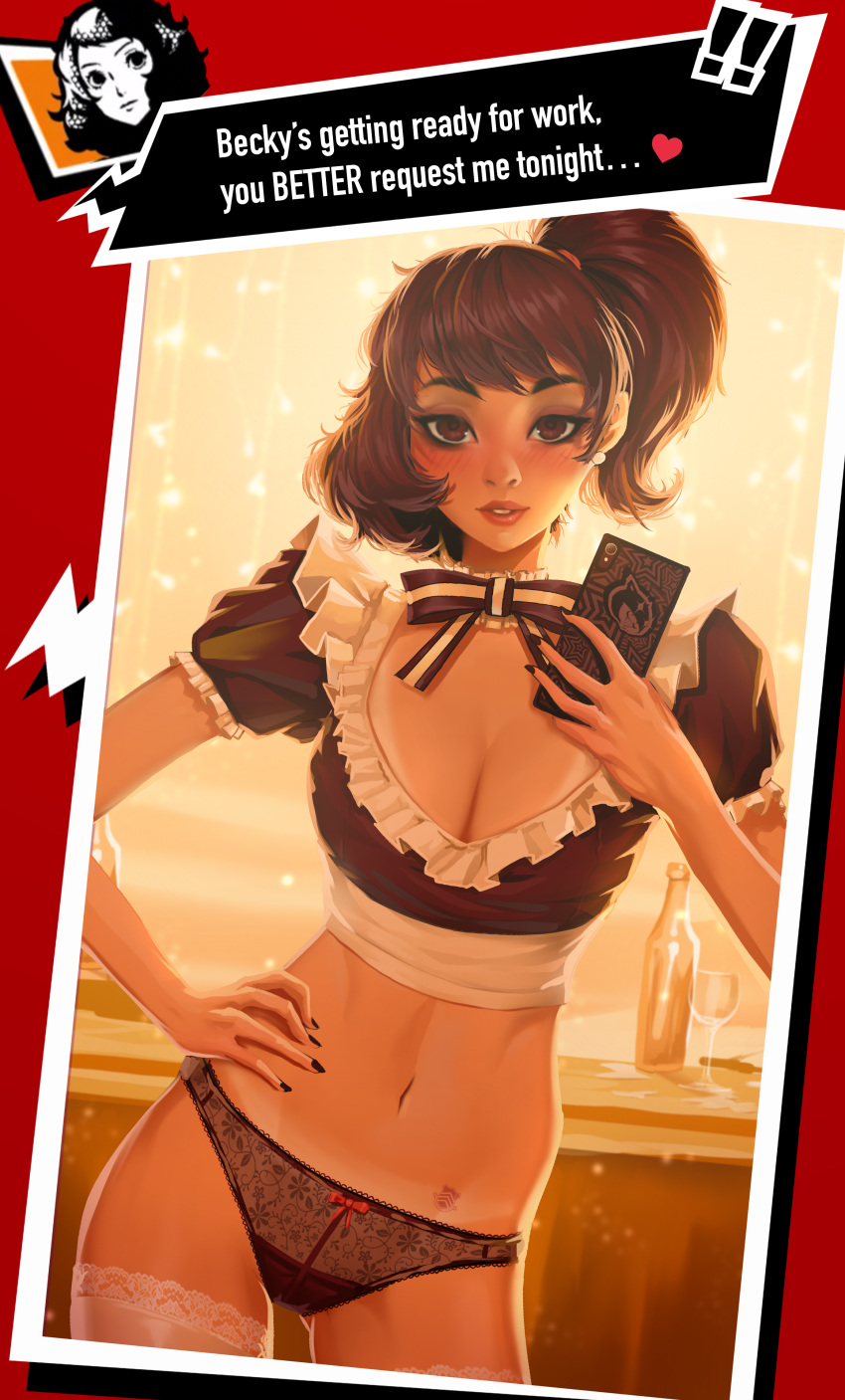 ! 1girl absurdres bangs black_panties blush bottle bow bow_panties bowtie breasts brown_eyes brown_hair cellphone cleavage contrapposto cowboy_shot crop_top cup drinking_glass earrings english_text frame frills hair_tie heart highres holding holding_phone jewelry kawakami_sadayo lace lace_panties looking_at_viewer maid medium_breasts midriff navel nose panties parted_lips persona persona_5 phone self_shot short_sleeves side_ponytail smartphone solo speech_bubble tan tanline thatpersonaguy thighhighs underwear wine_glass