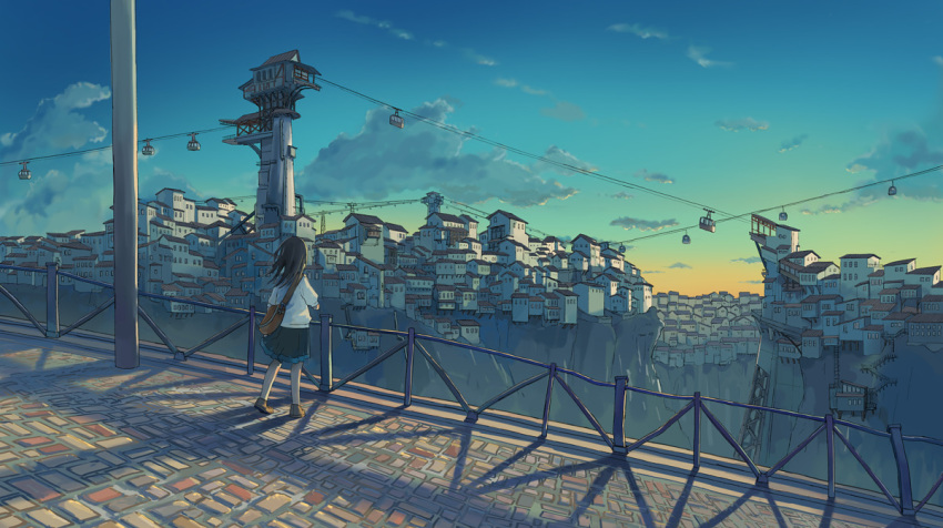 1girl black_hair cable_car cityscape cloud commentary long_hair looking_away original outdoors pleated_skirt railing scenery skirt sky solo tower wu_ba_pin