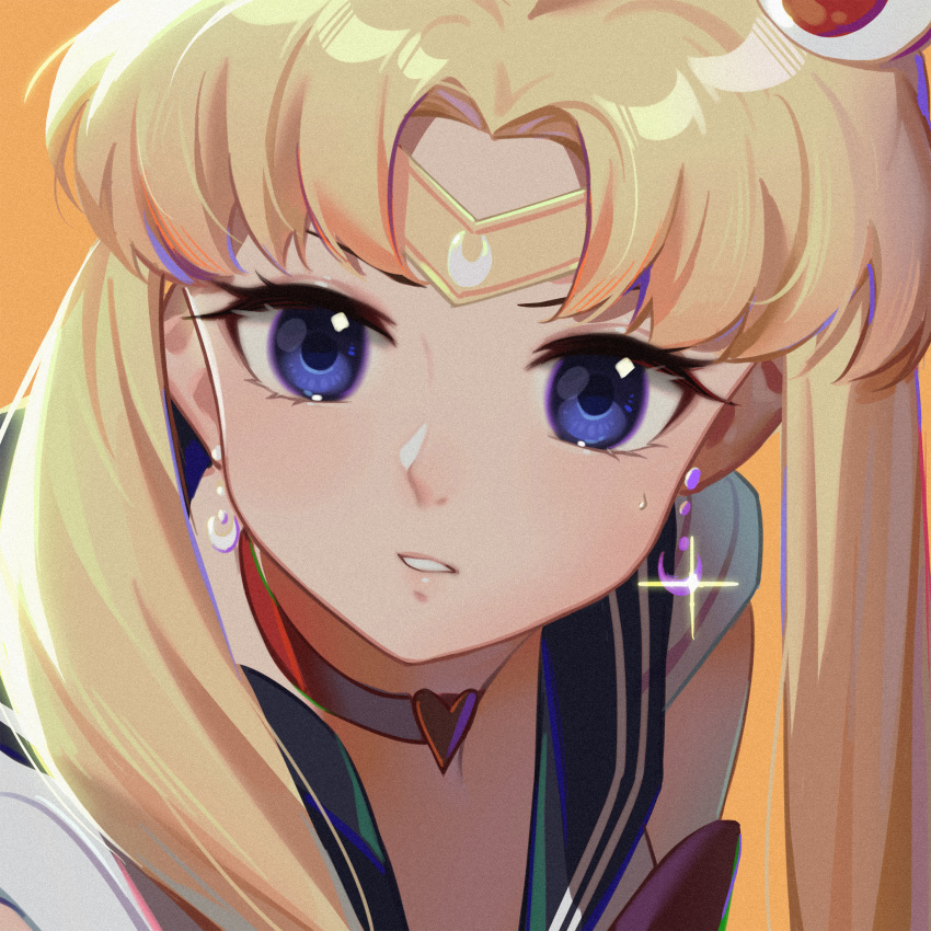 1girl bishoujo_senshi_sailor_moon blonde_hair blue_eyes blue_sailor_collar choker circlet collared_shirt crescent crescent_earrings earrings hair_intakes hair_ornament heart heart_choker highres jewelry long_hair looking_at_viewer orange_background parted_lips portrait red_neckwear sailor_collar sailor_moon sailor_moon_redraw_challenge sailor_shirt shiny shiny_hair shirt simple_background solo sparkle sweatdrop twintails white_shirt xtears_kitsune