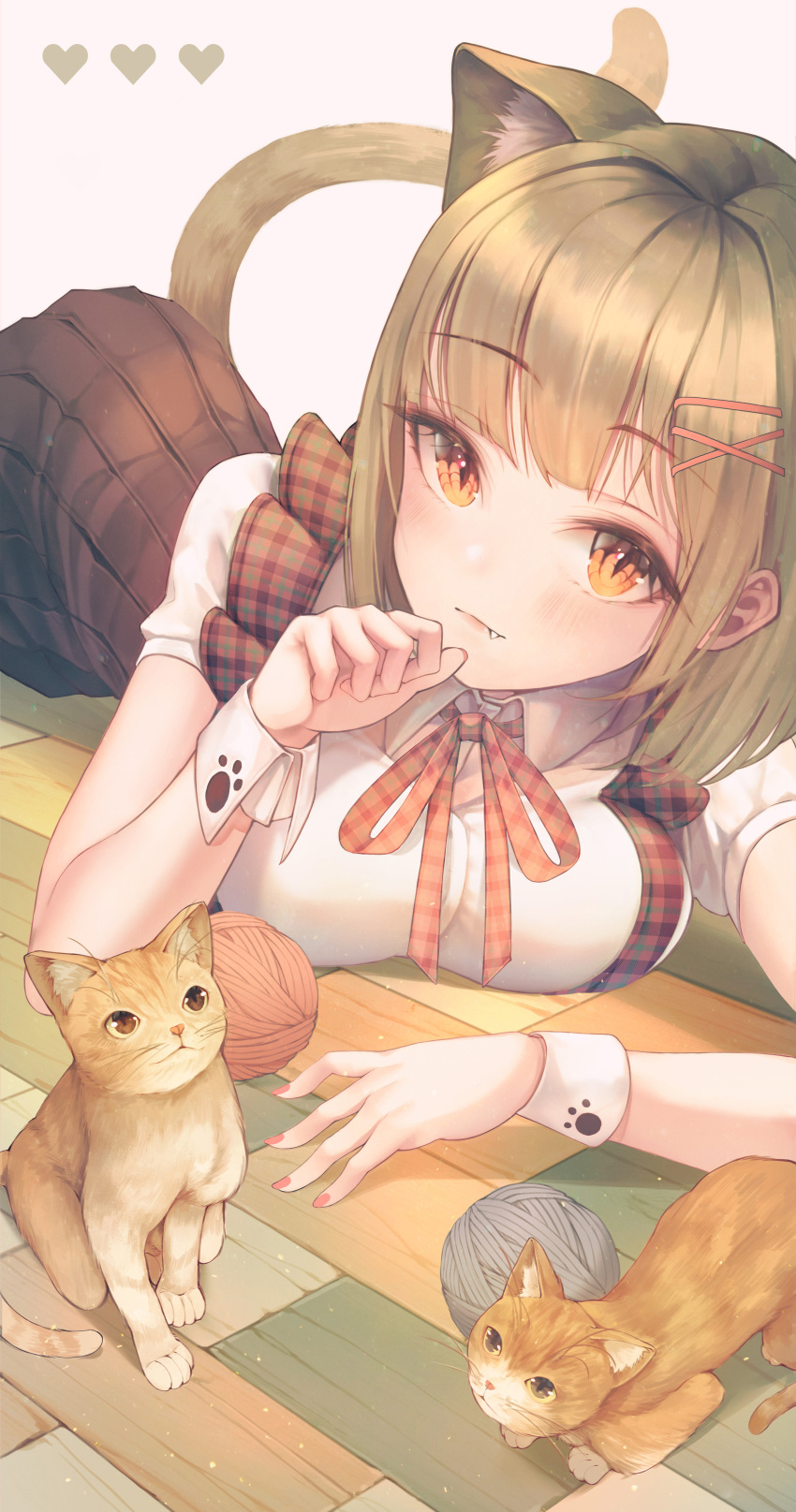 1girl absurdres animal animal_ears bangs black_skirt blunt_bangs blush breasts brown_hair cat cat_ears cat_tail elbow_rest eyebrows_visible_through_hair hair_ornament hairclip highres immi_immi large_breasts looking_at_viewer lying nail_polish neck_ribbon on_stomach orange_cat orange_eyes original paw_pose pink_nails plaid plaid_ribbon pleated_skirt red_ribbon ribbon shirt short_hair short_sleeves skirt slit_pupils solo string tail wrist_cuffs x_hair_ornament