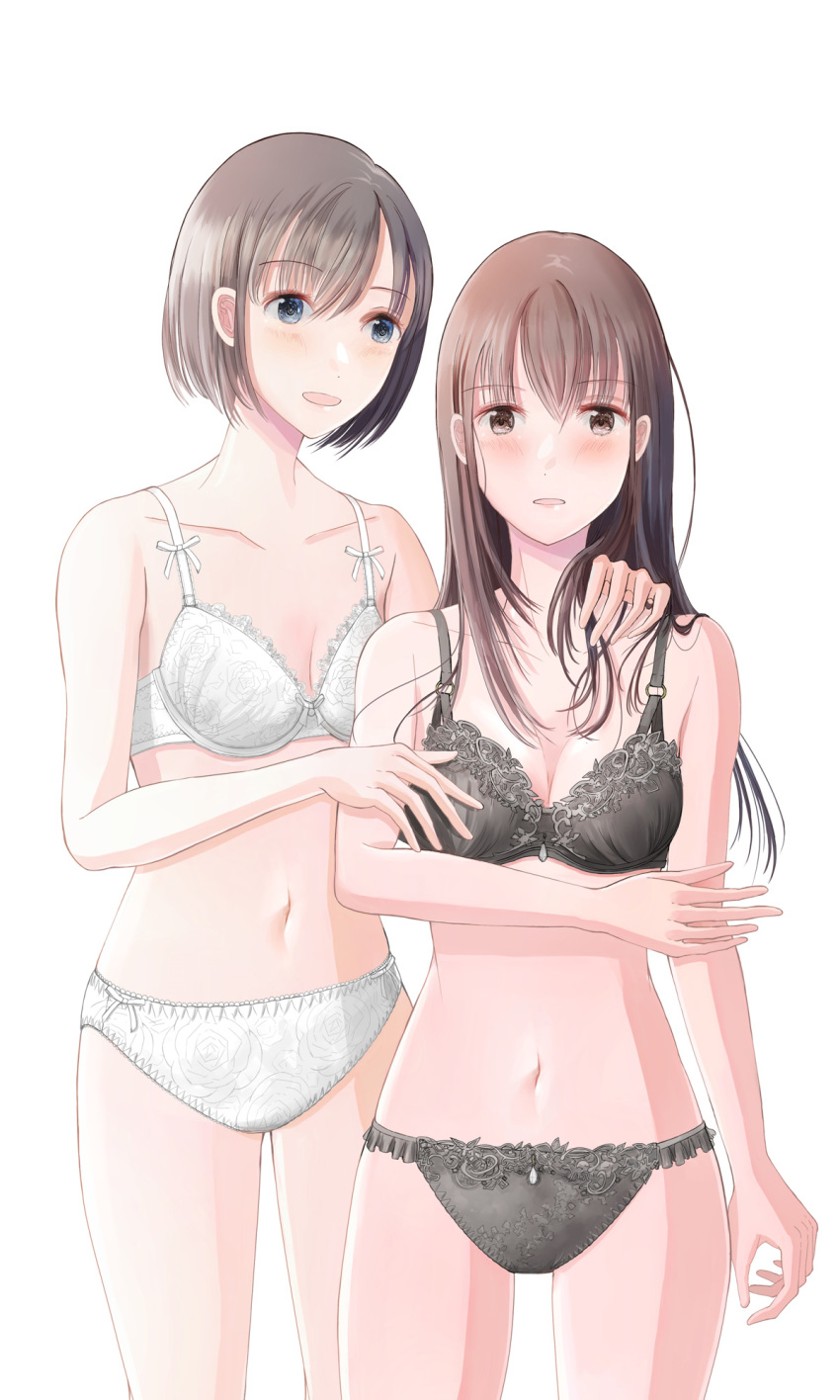 2girls :0 :d bangs bare_arms black_bra black_hair black_panties blue_eyes blush bow bow_bra bow_panties bra breasts brown_hair cleavage collarbone eyebrows_visible_through_hair floral_print hand_on_another's_shoulder height_difference highres kataguchi_iwashi long_hair looking_at_viewer multiple_girls navel open_mouth original panties short_hair simple_background small_breasts smile underwear underwear_only white_background white_bow white_bra white_panties