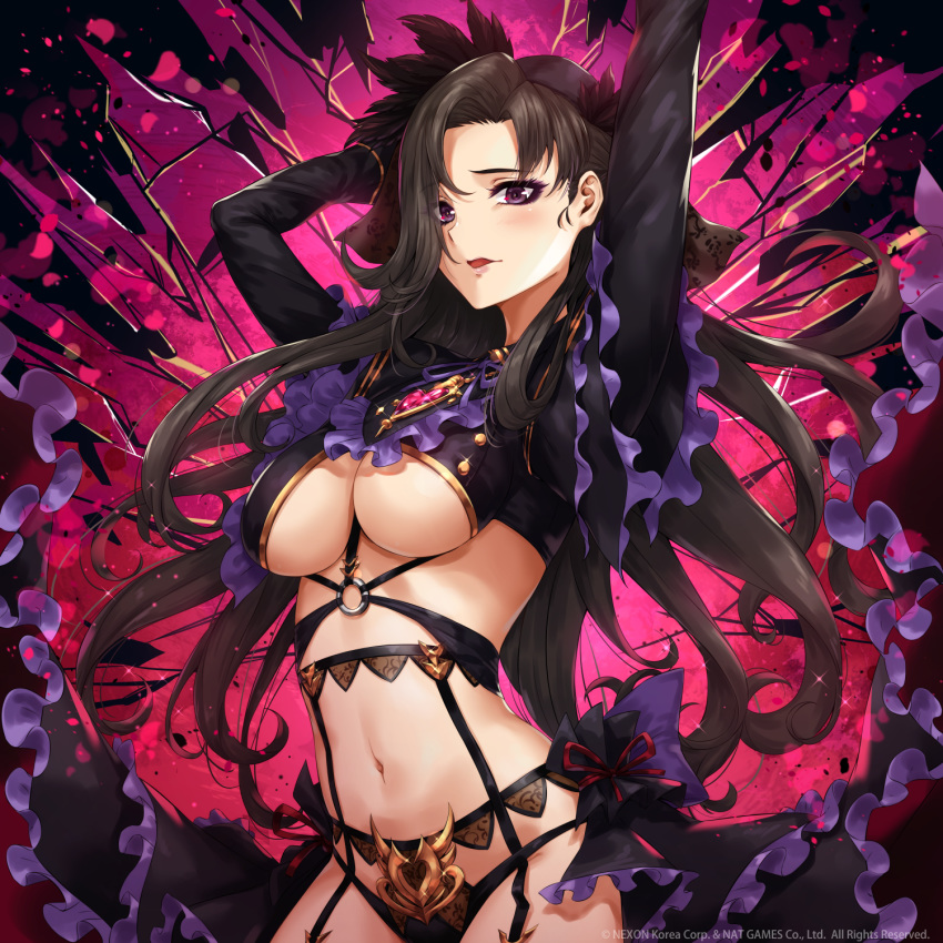 1girl arms_behind_head black_hair black_panties breasts commentary_request eyelashes garter_belt highres long_hair looking_at_viewer navel open_mouth overhit panties purple_eyes sakiyamama solo underwear