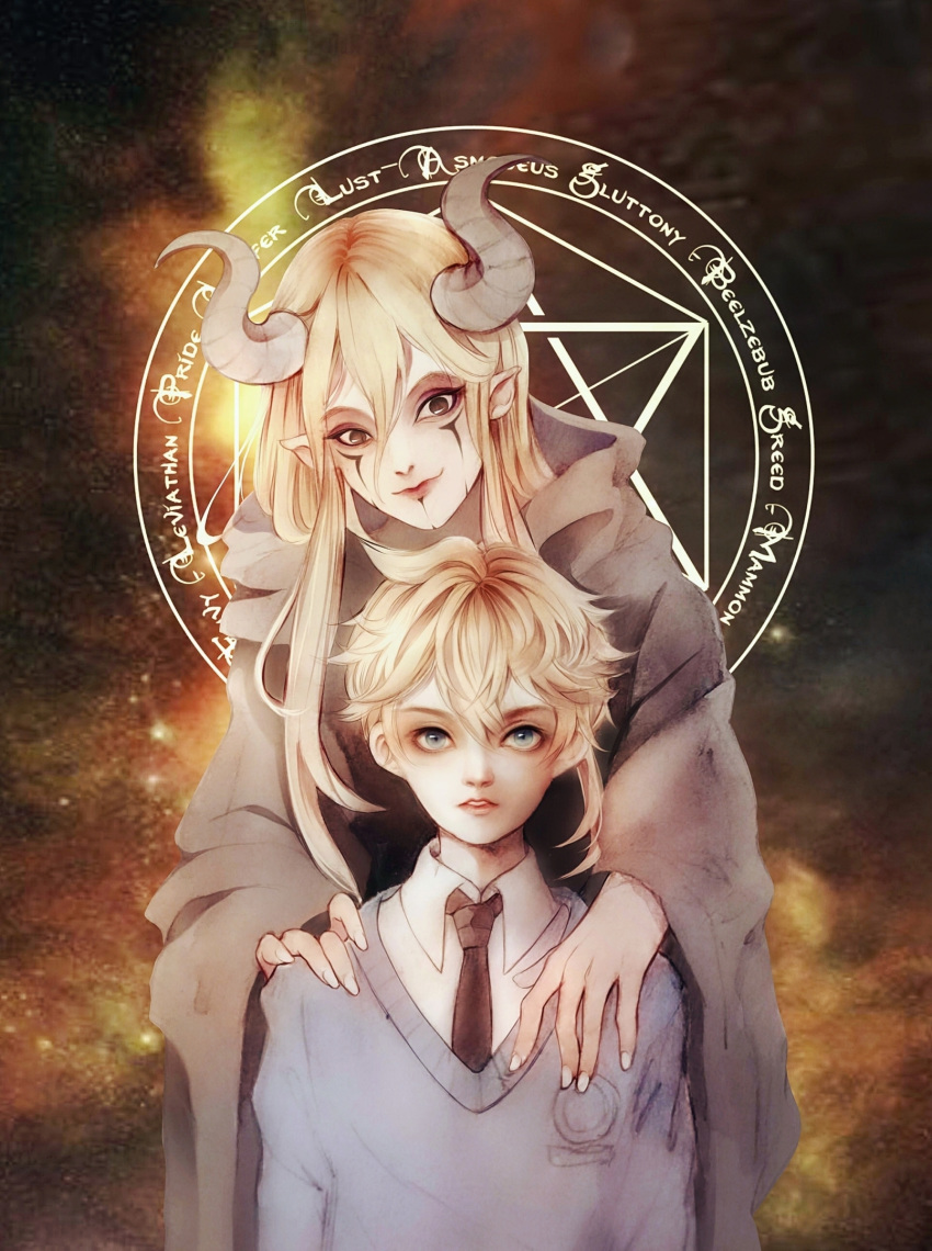 1boy 1girl bangs blonde_hair blue_sweater brown_eyes brown_neckwear collared_shirt demon_girl demon_horns empty_eyes facepaint hair_between_eyes highres horns kagamine_len lily_(vocaloid) long_hair long_sleeves looking_at_viewer magical_girl necktie pointy_ears robe sanpaku shirt smile sweater tency upper_body vocaloid white_nails white_shirt