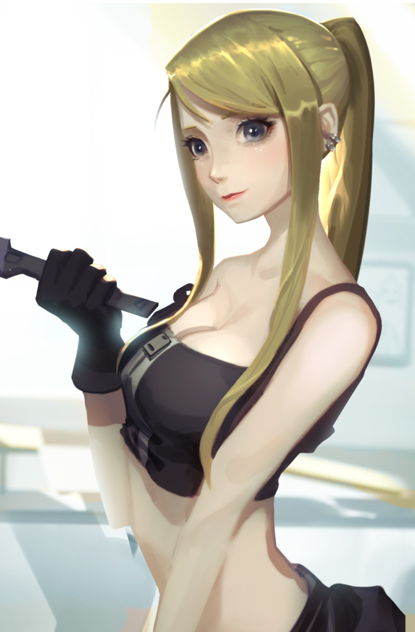 1girl bangs black_gloves blonde_hair blue_eyes breasts cleavage closed_mouth crop_top earrings fullmetal_alchemist gloves highres holding jewelry long_hair medium_breasts midriff ponytail shiny shiny_hair sidelocks sleeveless solo stomach swept_bangs vafar7 winry_rockbell