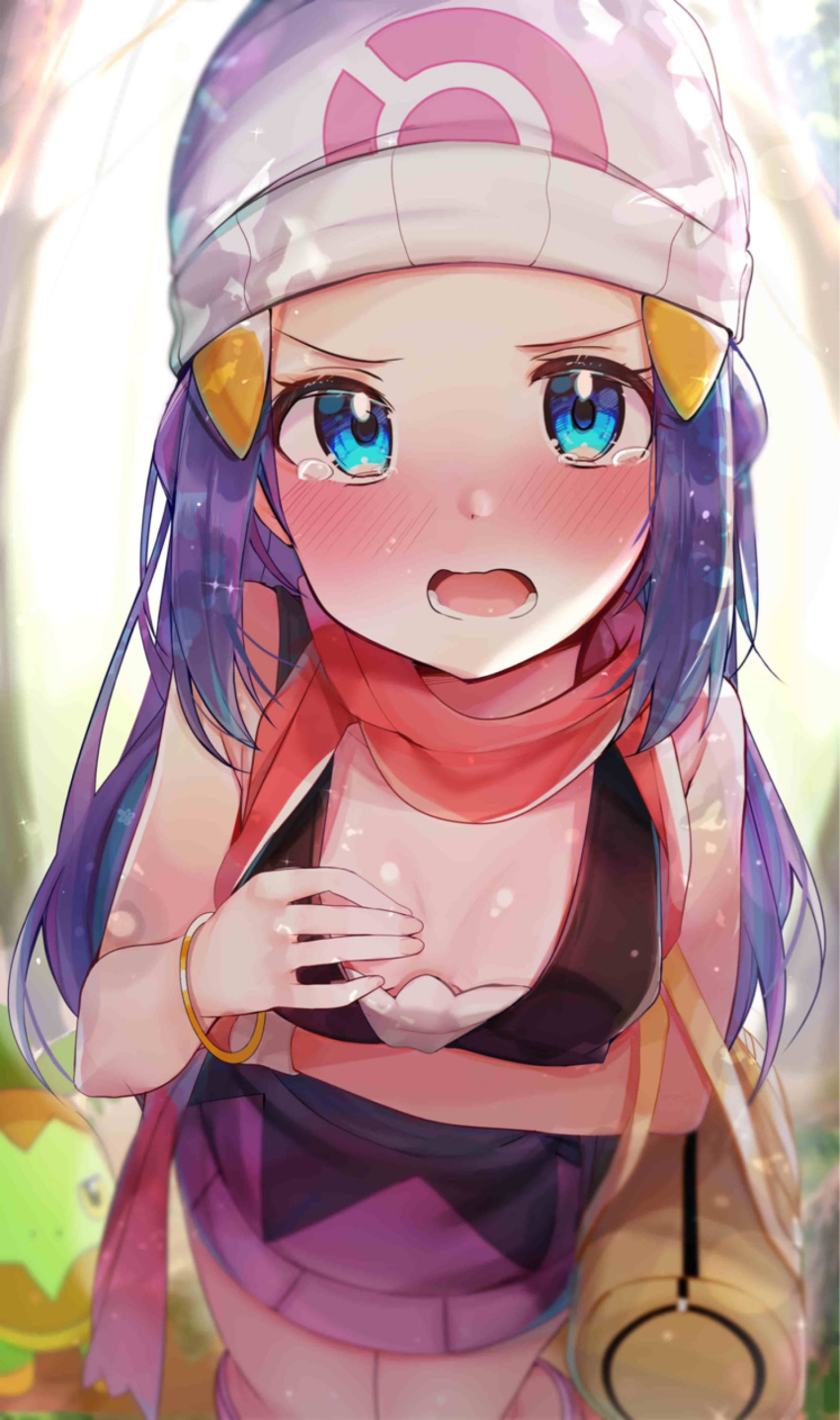 1girl absurdres backlighting bag bangle bare_shoulders beanie blue_eyes blue_hair blush bracelet breasts cleavage commentary_request crying crying_with_eyes_open duffel_bag feet_out_of_frame from_above gen_4_pokemon hair_ornament hairclip hand_on_own_chest hat highres hikari_(pokemon) jewelry long_hair looking_at_viewer looking_up nose_blush open_mouth pokemon pokemon_(creature) red_scarf rouka_(akatyann) scarf small_breasts solo_focus standing tears turtwig two-tone_dress v-shaped_eyebrows very_long_hair white_headwear