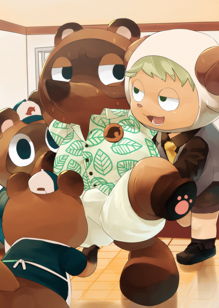 2020 absurd_res animal_crossing anthro apron belly bodily_fluids bottomwear brown_body brown_fur butt canid canine chibi clothing fur group hat headgear headwear hi_res human kemono male mammal masshiro necktie nintendo overweight overweight_male raccoon_dog shirt shorts sweat tanuki timmy_nook tom_nook_(animal_crossing) tommy_nook topwear video_games villager_(animal_crossing)