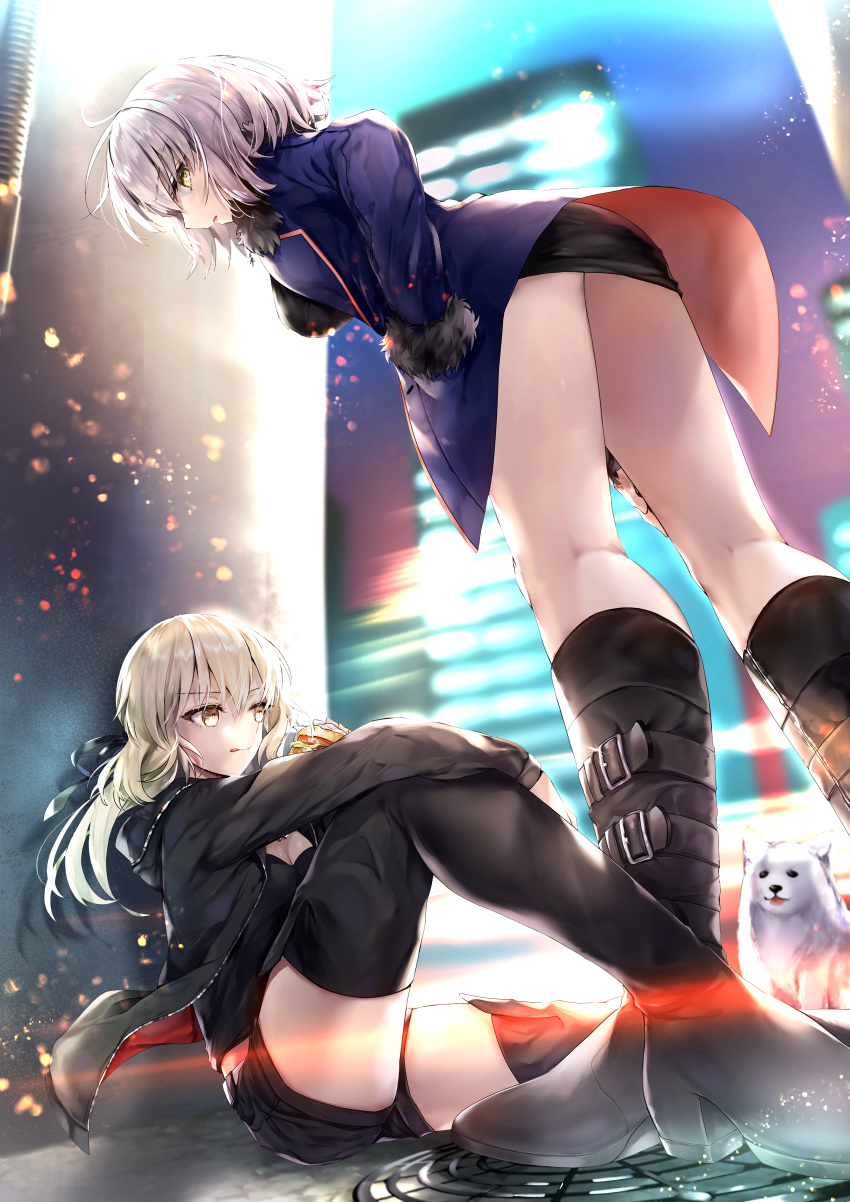 2girls absurdres ahoge artoria_pendragon_(all) ass back bangs black_dress black_footwear black_jacket blue_coat blush boots breasts cavall_the_2nd cityscape coat dog dress eating fate/grand_order fate/stay_night fate_(series) food fur-trimmed_coat fur_trim hamburger hane_yuki highres hood hooded_jacket huge_filesize jacket jeanne_d'arc_(alter)_(fate) jeanne_d'arc_(fate)_(all) jet_black_king_of_knights_ver._shinjuku_1999 knee_boots large_breasts legs long_hair long_sleeves multiple_girls open_clothes open_coat open_jacket ponytail saber_alter short_dress silver_hair sitting thigh_boots thighhighs wicked_dragon_witch_ver._shinjuku_1999 yellow_eyes