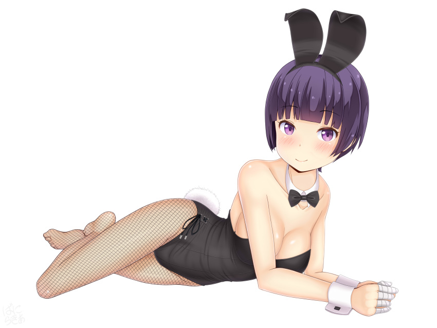 1girl absurdres animal_ears black_eyes black_leotard black_neckwear bow bowtie bunny_ears bunny_girl bunny_tail bunnysuit detached_collar eromanga_sensei fishnet_legwear fishnets highres leotard looking_at_viewer lying on_side pantyhose purple_eyes sainohikari senju_muramasa short_hair simple_background smile solo strapless strapless_leotard tail white_background wrist_cuffs