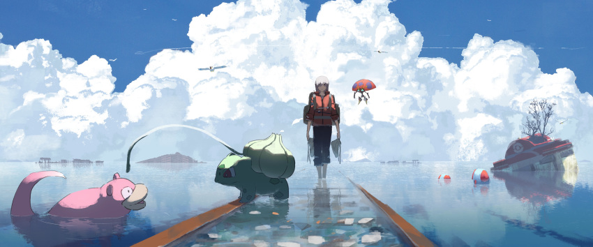 1girl absurdres asteroid_ill backpack bag bird bulbasaur carrying cloud cloudy_sky commentary_request flying gen_1_pokemon gen_3_pokemon gen_8_pokemon highres jacket looking_at_viewer orbeetle outdoors pokemon pokemon_center red_jacket reflection rock shoes sky slowpoke tentacool tree walking water white_backpack white_hair wingull