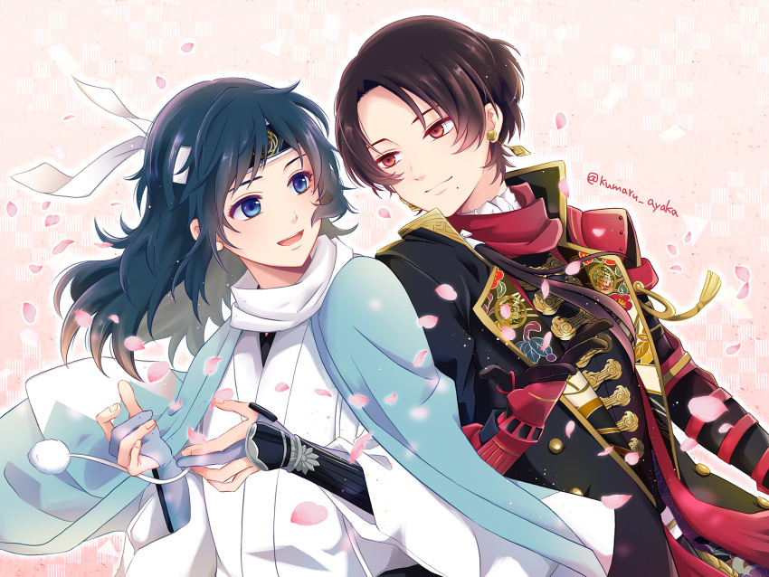 2boys armor artist_name black_gloves black_hair blue_eyes bridal_gauntlets brown_hair coat earrings eye_contact gloves haori headband highres japanese_armor japanese_clothes jewelry kashuu_kiyomitsu kiwame_(touken_ranbu) kote kumaru_ayaka looking_at_another male_focus mole mole_under_eye mole_under_mouth multiple_boys petals red_eyes red_scarf scarf shinsengumi touken_ranbu white_scarf yamato-no-kami_yasusada