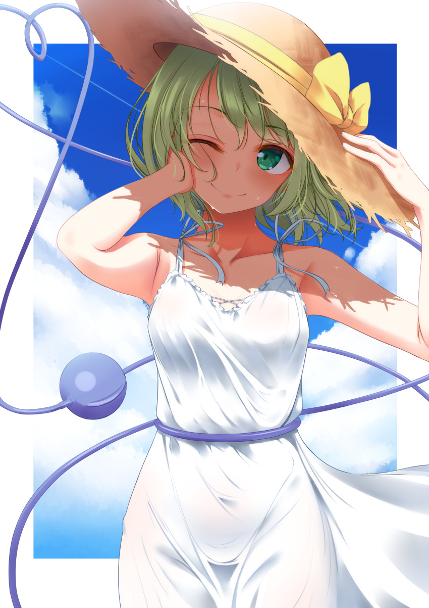 1girl ;) absurdres alternate_costume armpit_crease bare_arms bare_shoulders blue_sky border bow breasts brown_headwear cowboy_shot day dress green_eyes green_hair hat hat_bow head_tilt highres indica komeiji_koishi looking_at_viewer medium_breasts medium_hair one_eye_closed outdoors sky smile solo straw_hat summer sun_hat sundress sweat third_eye touhou white_border white_dress yellow_bow