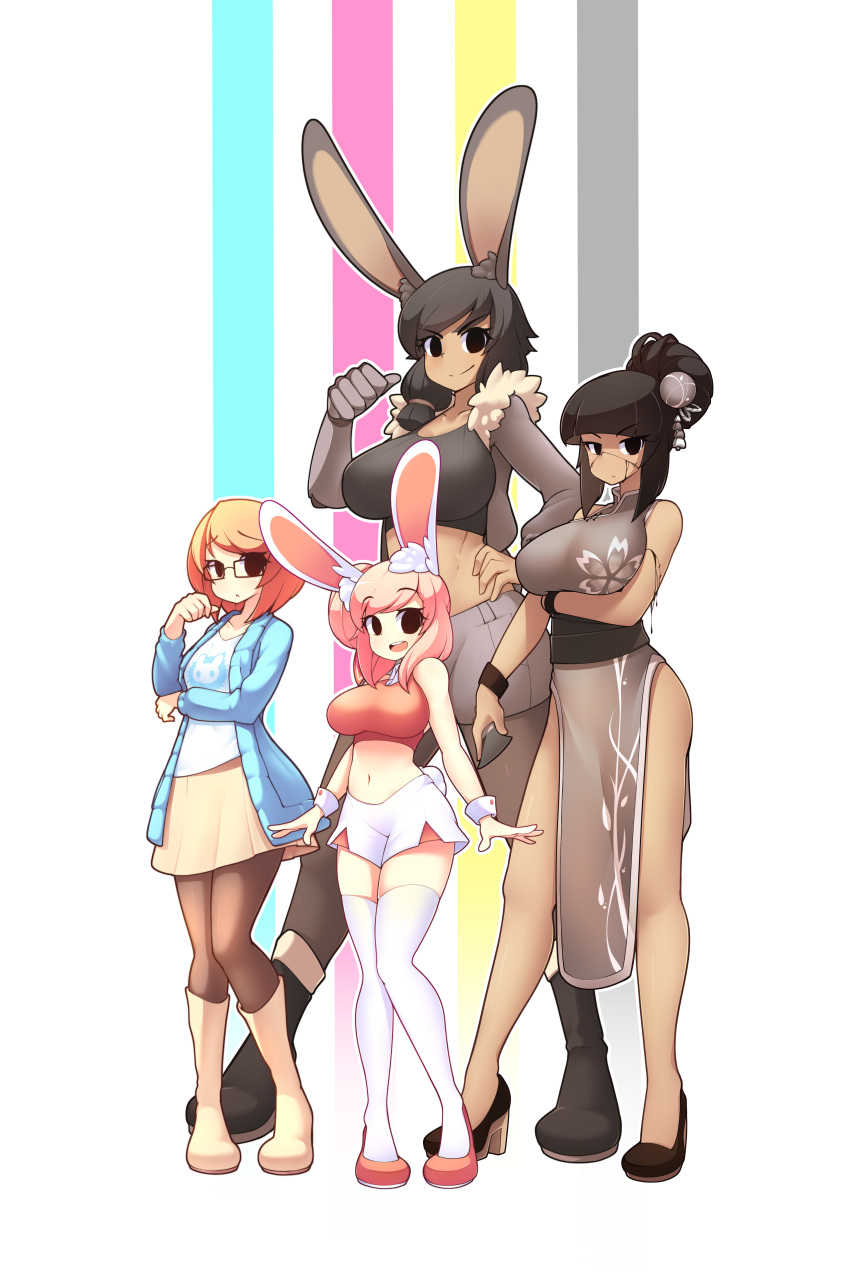 4girls abs absurdres animal_ears arm_under_breasts bangs black_eyes black_footwear black_hair black_legwear blue_sweater blunt_bangs blush boots breast_lift breasts brown_hair brown_legwear bunny_ears bunny_girl china_dress chinese_clothes collarbone crop_top dress emi_(fizintine) eyebrows_visible_through_hair fiz_(fizintine) fizintine glasses hair_bun hand_on_hip high_heels highres knee_boots large_breasts long_sleeves looking_at_viewer luna_(fizintine) mechanical_arm multiple_girls navel open_mouth original pantyhose parted_lips pink_hair pointing pointing_at_self rectangular_eyewear red_footwear shikoke_(fizintine) shirt short_hair short_shorts shorts sidelocks skirt small_breasts smile stitches sweater swept_bangs tall_female tan thighhighs upper_teeth white_legwear white_shirt white_shorts wrist_cuffs yellow_footwear yellow_skirt