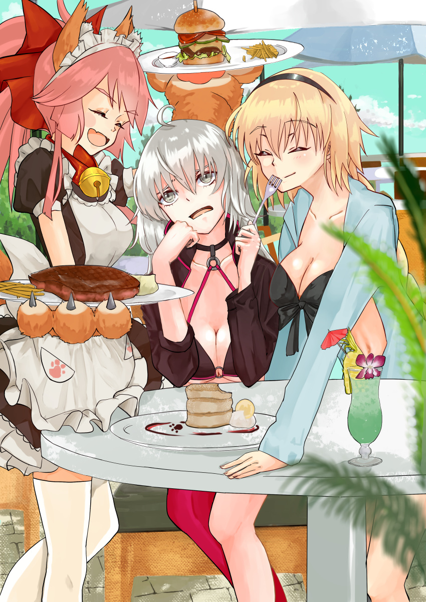 3girls absurdres ahoge animal_ear_fluff animal_ears apron artist_request bell bell_collar bikini black_bikini black_choker black_gloves black_hairband black_jacket blue_jacket braid breasts choker cleavage closed_eyes collar collarbone cropped_jacket eyebrows_visible_through_hair fangs fate/grand_order fate_(series) food fox_ears fox_girl fox_tail french_fries front-tie_bikini front-tie_top gloves hair_ribbon hairband highres hood hooded_jacket jacket jeanne_d'arc_(alter_swimsuit_berserker) jeanne_d'arc_(fate)_(all) jeanne_d'arc_(swimsuit_archer) jingle_bell large_breasts long_braid long_hair multiple_girls o-ring o-ring_bikini o-ring_bottom o-ring_top outdoors paw_gloves paw_shoes paws pink_hair ponytail red_legwear red_ribbon ribbon shoes shrug_(clothing) silver_hair single_braid single_thighhigh steak swimsuit tail tamamo_(fate)_(all) tamamo_cat_(fate) thighhighs very_long_hair whistle whistle_around_neck white_legwear yellow_eyes