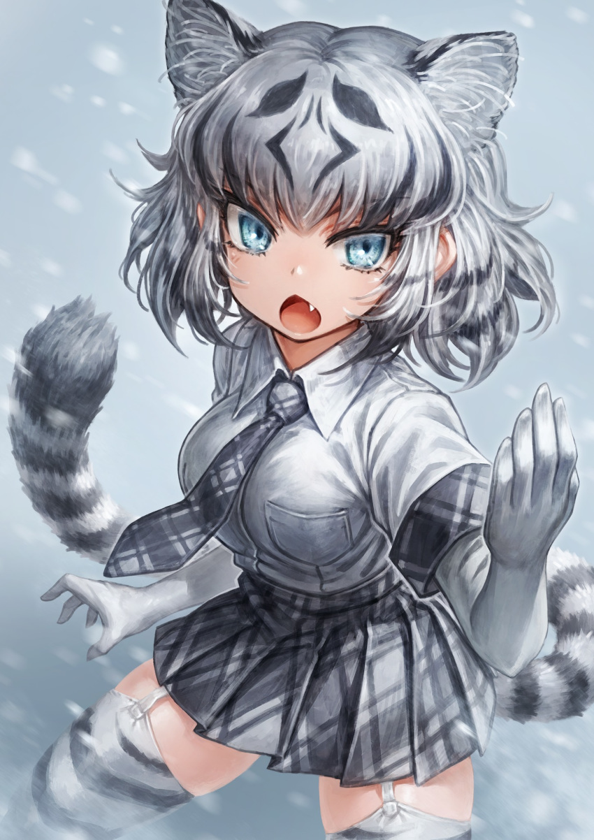 1girl :o animal_ear_fluff animal_ears animal_print bangs black_hair blue_eyes breast_pocket chestnut_mouth commentary elbow_gloves extra_ears fang garter_straps gloves hand_up highres kemono_friends lain medium_hair multicolored_hair necktie open_mouth plaid plaid_neckwear plaid_skirt plaid_trim pleated_skirt pocket print_legwear shirt short_sleeves skirt snow snowing solo striped_tail tail thighhighs tiger_ears tiger_print tiger_tail two-tone_hair v-shaped_eyebrows white_gloves white_hair white_shirt white_tiger_(kemono_friends)