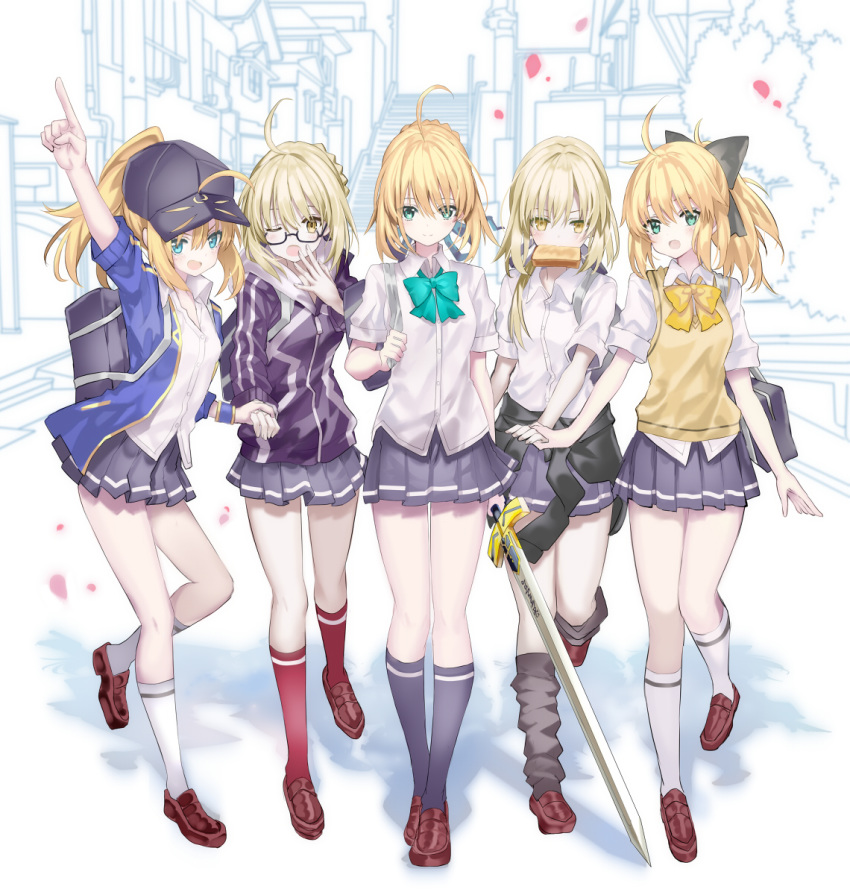 5girls :d ahoge aqua_eyes artoria_pendragon_(all) baseball_cap black_legwear blonde_hair blue_jacket blue_legwear blue_skirt bow clothes_around_waist collared_shirt commentary_request dress_shirt excalibur fate/grand_order fate_(series) food food_in_mouth hair_bow hat highres holding_hands hood hooded_track_jacket jacket loafers low_ponytail mouth_hold multiple_girls mysterious_heroine_x mysterious_heroine_x_(alter) open_clothes open_jacket open_mouth pleated_skirt pointing pointing_up ponytail red_legwear saber saber_alter saber_lily shino_(eefy) shirt shoes short_sleeves single_stripe skirt smile sweater_around_waist toast toast_in_mouth track_jacket untucked_shirt v-shaped_eyebrows white_legwear yellow_eyes