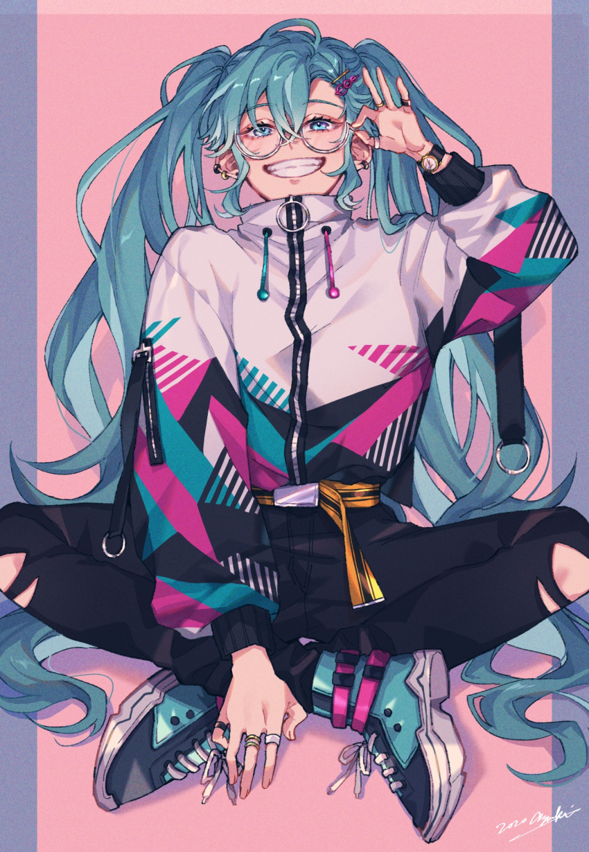 1girl aqua_eyes aqua_hair belt black_pants cross-laced_footwear crossed_ankles drawstring earrings full_body glasses grin hair_between_eyes hair_ornament hairclip hand_on_eyewear hand_up hatsune_miku highres indoors jacket jewelry long_hair long_sleeves miyatsuki_azuki multiple_earrings multiple_rings o-ring ok_sign pants piercing pillarboxed print_jacket red_background semi-rimless_eyewear shoes sidelocks silver-framed_eyewear simple_background smile sneakers solo striped thumb_ring torn_clothes torn_pants twintails under-rim_eyewear very_long_hair vocaloid watch wristwatch