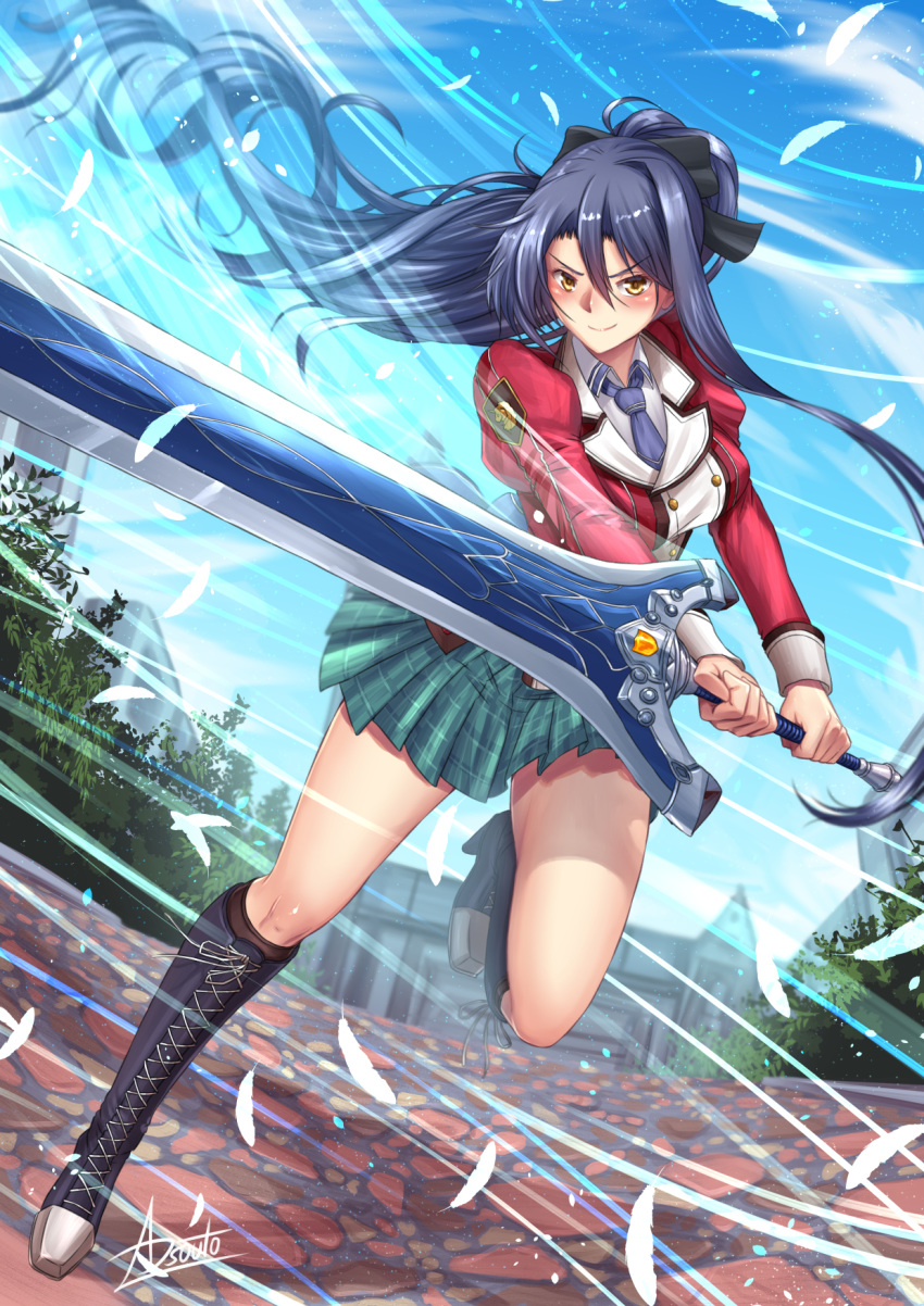 1girl absurdly_long_hair adsouto blue_hair boots breasts commentary eiyuu_densetsu highres holding holding_sword holding_weapon laura_s._arzeid long_hair long_sleeves looking_at_viewer medium_breasts ponytail ribbon sen_no_kiseki shirt sword thighhighs very_long_hair weapon yellow_eyes