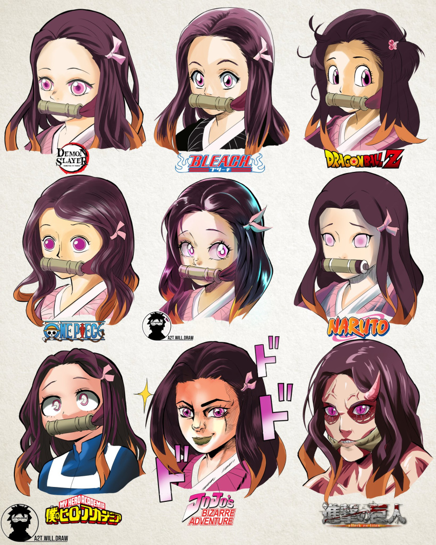 1girl a2twilldraw araki_hirohiko_(style) bamboo black_hair bleach boku_no_hero_academia closed_mouth copyright_name dragon_ball dragon_ball_z gotouge_koyoharu_(style) highres horikoshi_kouhei_(style) horn isayama_hajime_(style) japanese_clothes jojo_no_kimyou_na_bouken kamado_nezuko kimetsu_no_yaiba kimono kishimoto_masashi_(style) kubo_taito_(style) lips long_hair looking_at_viewer multicolored_hair multiple_views naruto_(series) oda_eiichirou_(style) one_piece orange_hair parody pink_eyes school_uniform shingeki_no_kyojin slit_pupils smile straight_hair style_parody titan_(shingeki_no_kyojin) toriyama_akira_(style) two-tone_hair u.a._gym_uniform upper_body veins