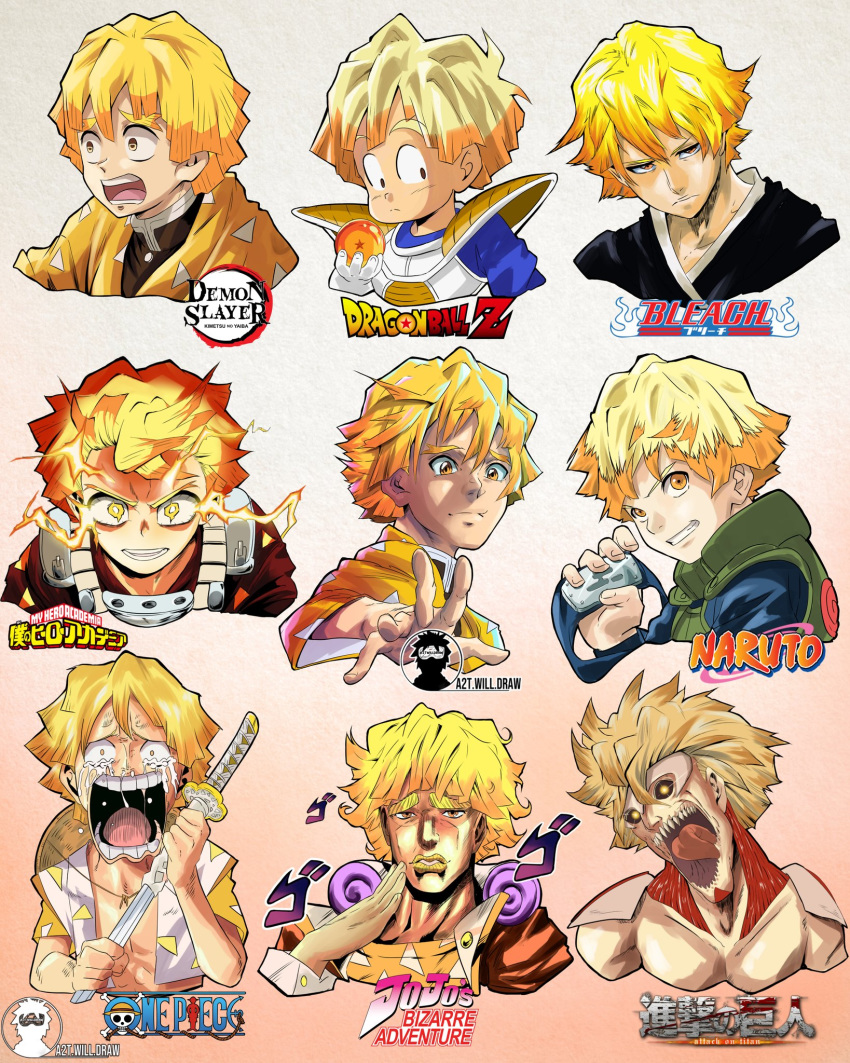 1boy a2twilldraw agatsuma_zenitsu araki_hirohiko_(style) armor bleach blonde_hair boku_no_hero_academia closed_mouth copyright_name crying crying_with_eyes_open dragon_ball dragon_ball_(object) dragon_ball_z electricity frozen_(disney) gotouge_koyoharu_(style) highres holding holding_sword holding_weapon horikoshi_kouhei_(style) isayama_hajime_(style) japanese_clothes jojo_no_kimyou_na_bouken katana kimetsu_no_yaiba kimono kishimoto_masashi_(style) kubo_taito_(style) lips looking_at_viewer multiple_views naruto_(series) oda_eiichirou_(style) one_piece open_mouth parody saiyan_armor shingeki_no_kyojin short_hair style_parody sword tears teeth titan_(shingeki_no_kyojin) toriyama_akira_(style) upper_body weapon yellow_eyes yellow_kimono