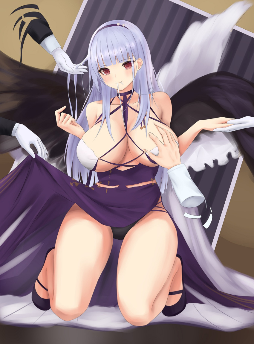 1girl azur_lane black_panties black_wings blush breast_grab breasts criss-cross_halter dido_(anxious_bisque_doll)_(azur_lane) dido_(azur_lane) disembodied_hands dress feathered_wings grabbing hairband halter_dress halterneck hand_in_another's_hair highres kdkaikai large_breasts large_wings long_dress long_hair panties purple_dress purple_hair purple_hairband red_eyes sleeve_cuffs thick_thighs thighs underwear wings